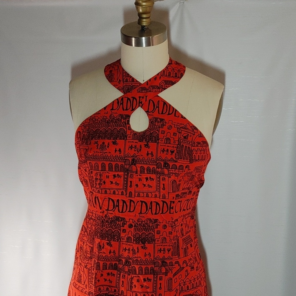 Vintage Strapless Fitted Long Red Black Print Cotton Dress Choker Neck Vintage
